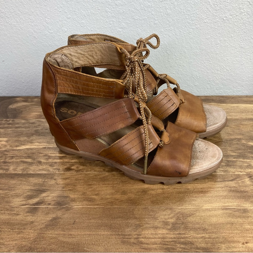 Sorel Joanie II Wedge Lace Up Sandals Brown Leather Gladiator